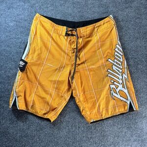Billabong Board Shorts Mens 38 Orange Plaid Surf Swim Quick Dry Pocket Logo